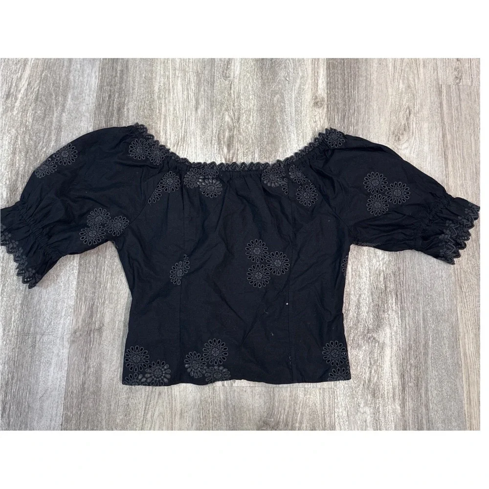 LoveShackFancy Anala Top Black Cotton Eyelet‎ Puff Sleeve Cropped Size 4 Womens